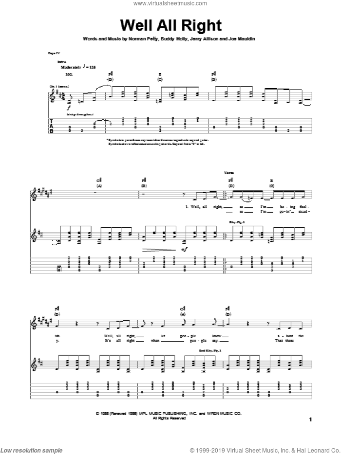 Well All Right sheet music for guitar (tablature) by Buddy Holly, Jerry Allison, Joe Mauldin and Norman Petty, intermediate skill level