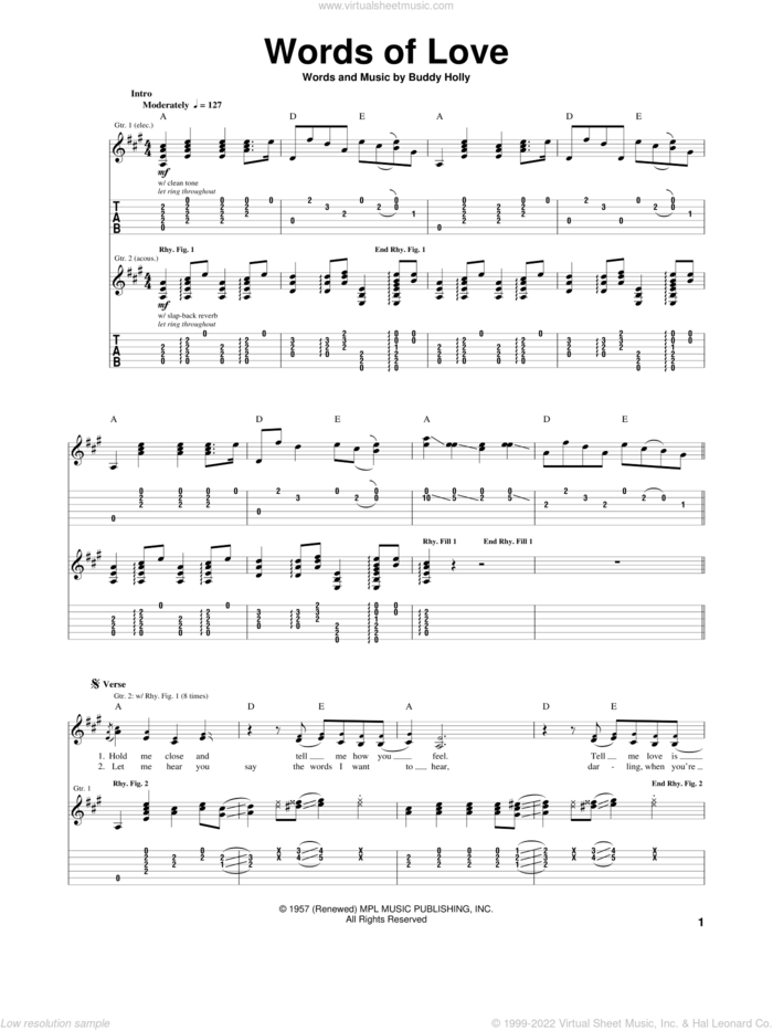 Words Of Love sheet music for guitar (tablature) by Buddy Holly, intermediate skill level