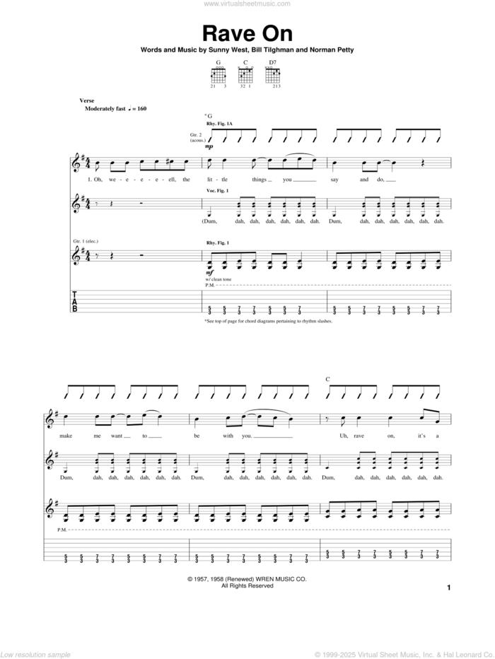 Rave On sheet music for guitar (tablature) by Buddy Holly, Bill Tilghman, Norman Petty and Sunny West, intermediate skill level