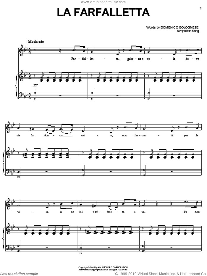 La farfalletta sheet music for voice, piano or guitar by Domenico Bolognese and Miscellaneous, intermediate skill level