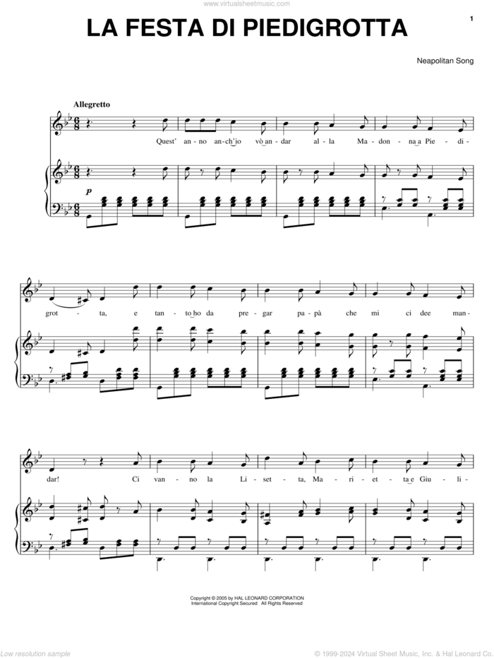 La festa di Piedigrotta sheet music for voice, piano or guitar, classical score, intermediate skill level