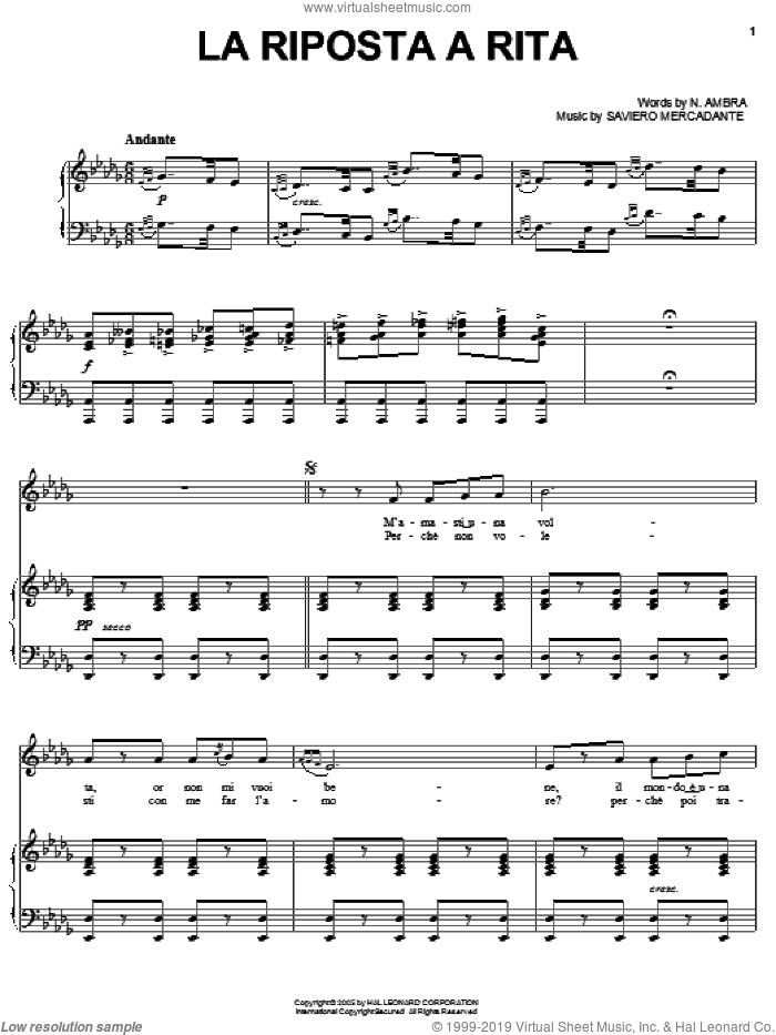 La riposta a rita sheet music for voice, piano or guitar by Saviero Mercadante and N. Ambra, classical score, intermediate skill level