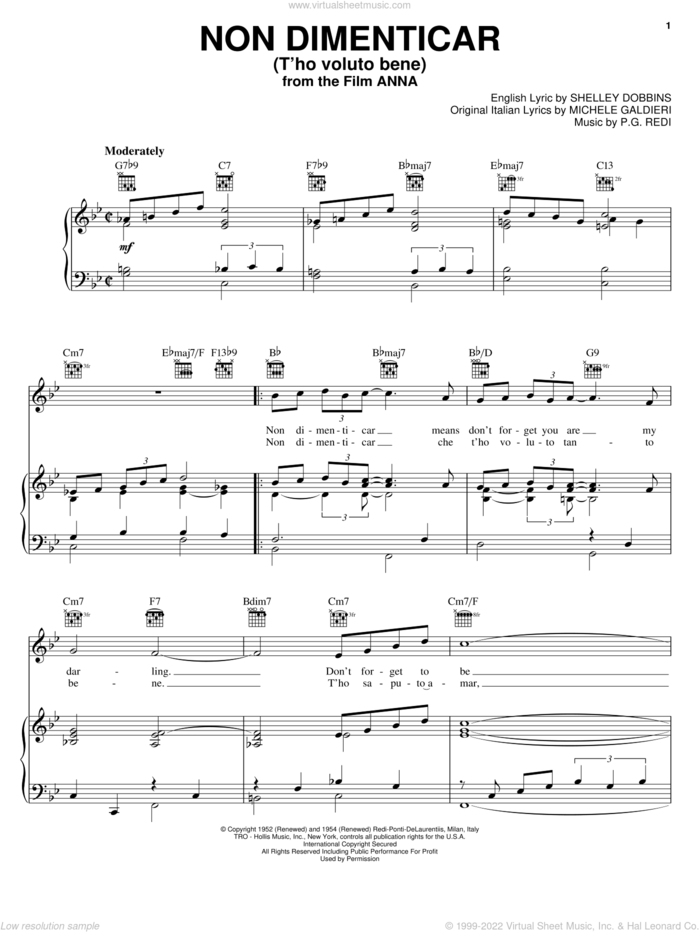 Non Dimenticar (T'ho Voluto Bene) sheet music for voice, piano or guitar by Shelley Dobbins and P.G. Redi, intermediate skill level