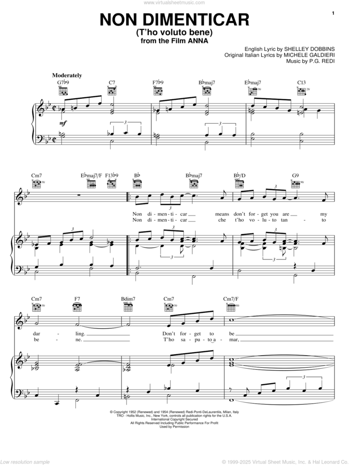 Non Dimenticar (T'ho Voluto Bene) sheet music for voice, piano or guitar by Shelley Dobbins and P.G. Redi, intermediate skill level