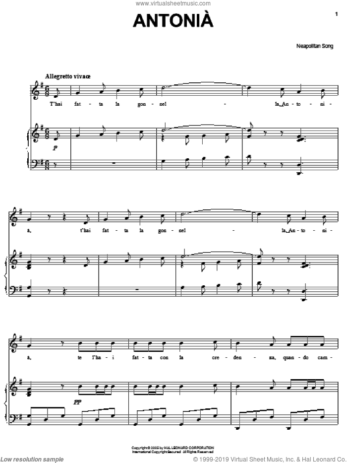 Antonia sheet music for voice, piano or guitar, classical score, intermediate skill level