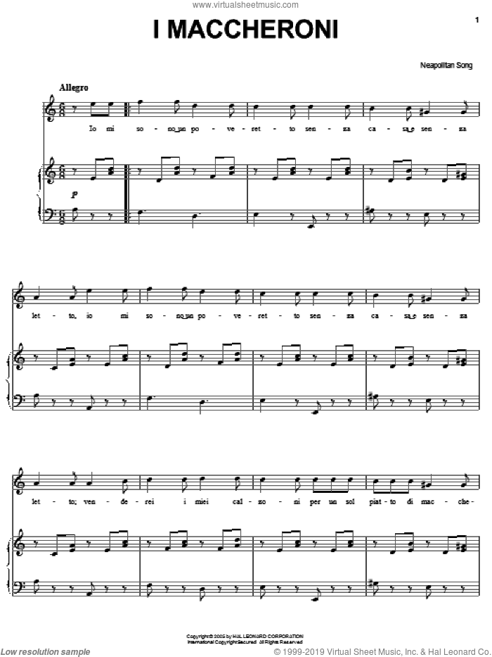 I Maccheroni sheet music for voice, piano or guitar, classical score, intermediate skill level