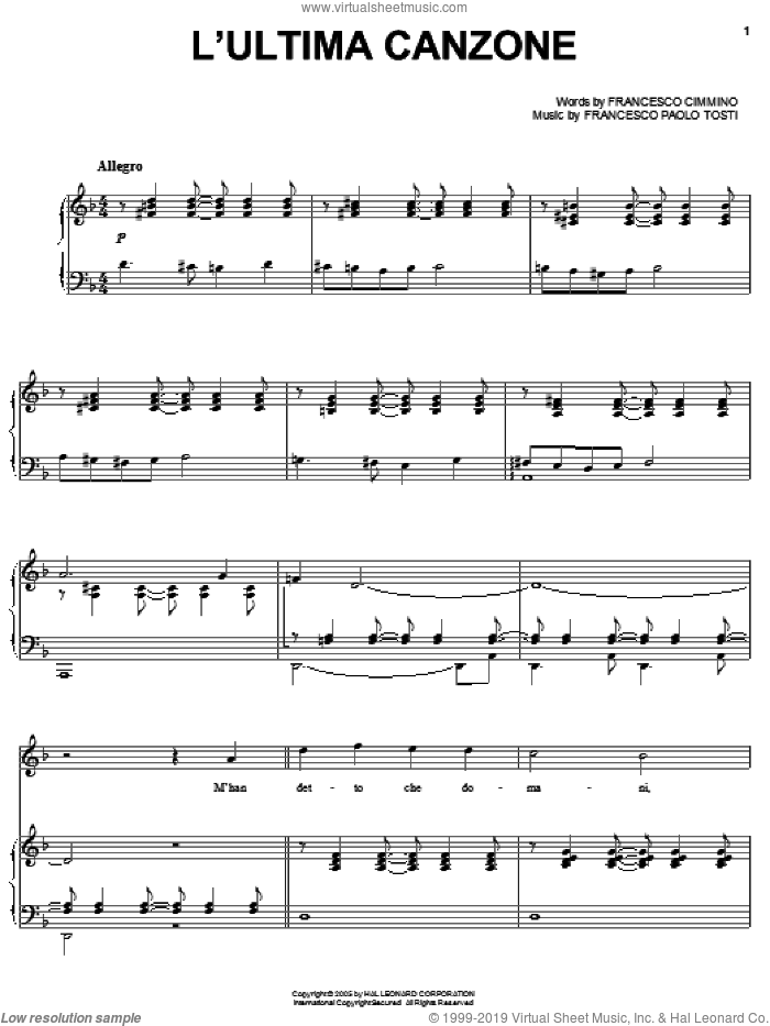 L'ultima canzone sheet music for voice, piano or guitar by Andrea Bocelli, Francesco Cimmino and Francesco Paolo Tosti, classical score, intermediate skill level