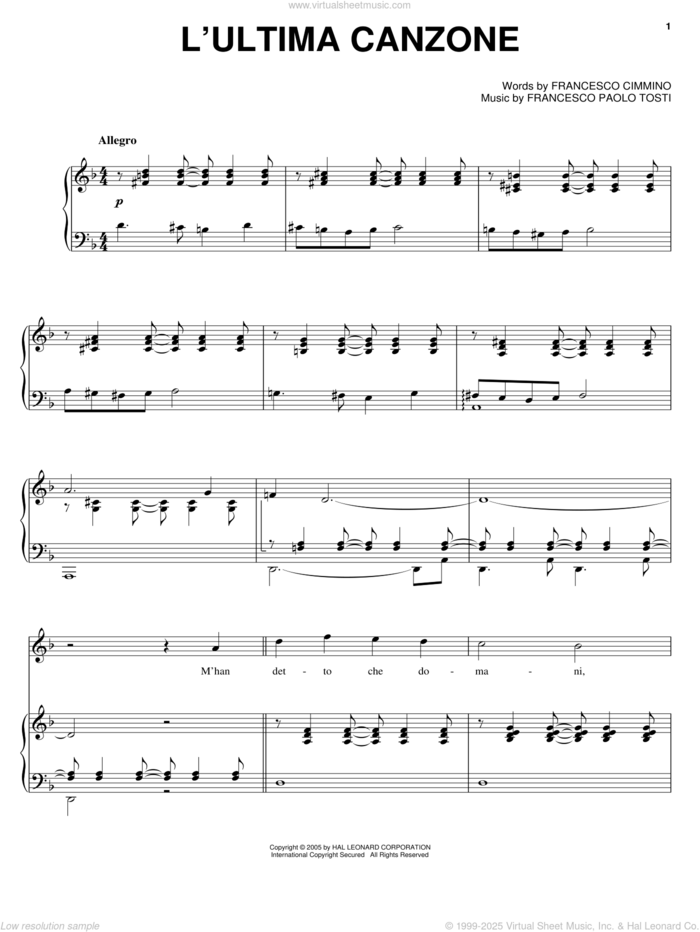 L'ultima canzone sheet music for voice, piano or guitar by Andrea Bocelli, Francesco Cimmino and Francesco Paolo Tosti, classical score, intermediate skill level