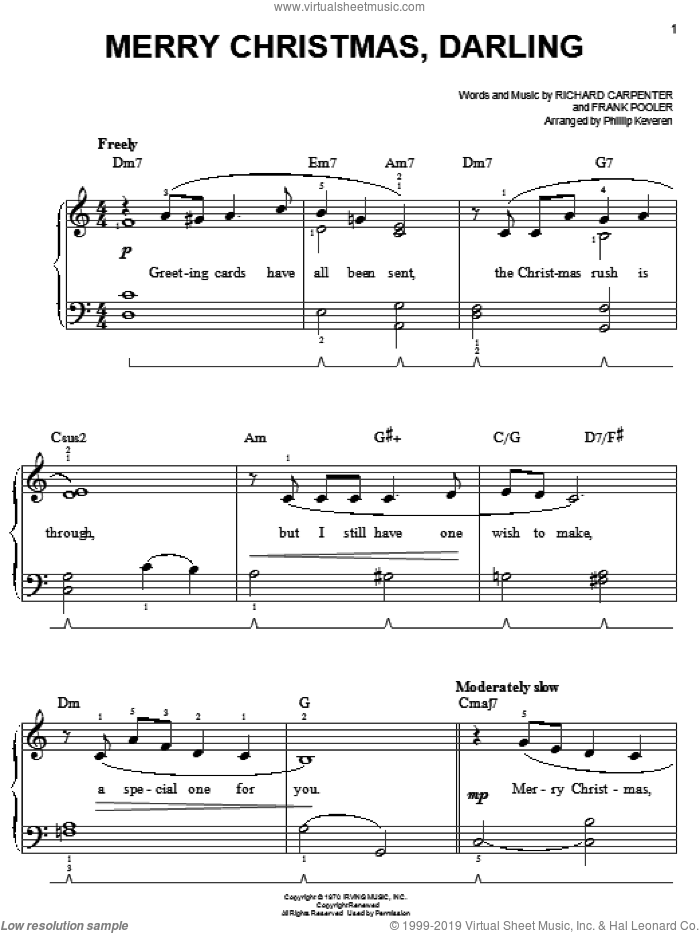 Merry Christmas, Darling (arr. Phillip Keveren) sheet music for piano solo by Carpenters, Phillip Keveren, Frank Pooler and Richard Carpenter, easy skill level
