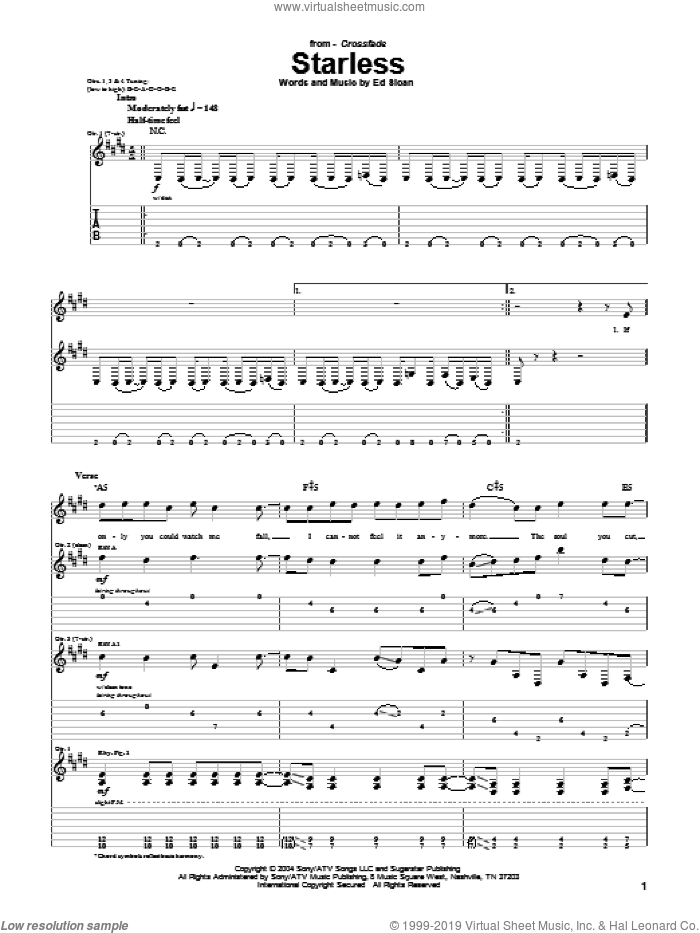 Starless sheet music for guitar (tablature) by Crossfade and Ed Sloan, intermediate skill level