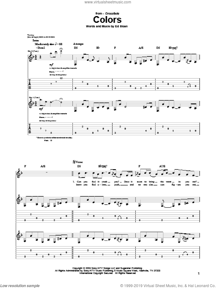 Colors sheet music for guitar (tablature) by Crossfade and Ed Sloan, intermediate skill level