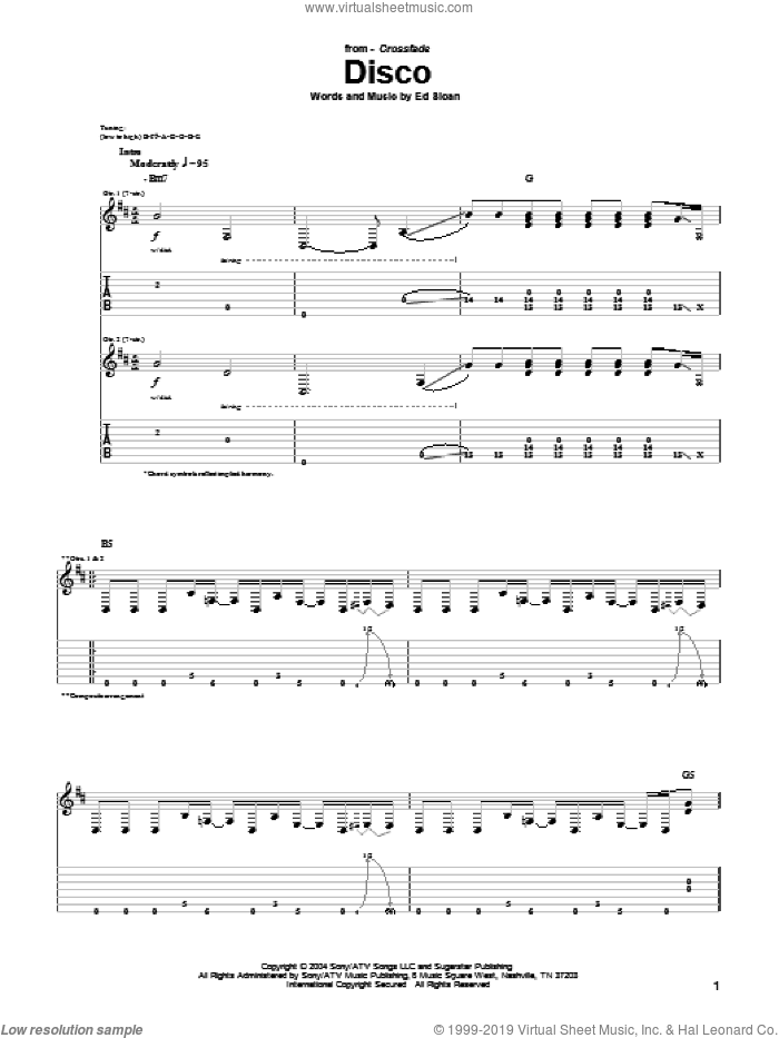 Disco sheet music for guitar (tablature) by Crossfade and Ed Sloan, intermediate skill level