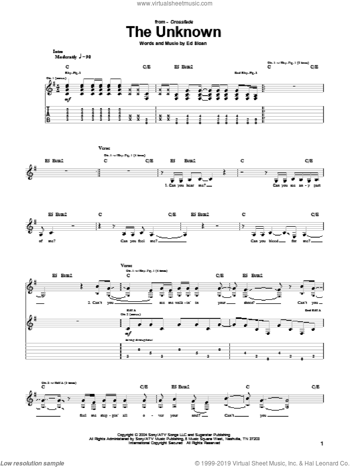 The Unknown sheet music for guitar (tablature) by Crossfade and Ed Sloan, intermediate skill level