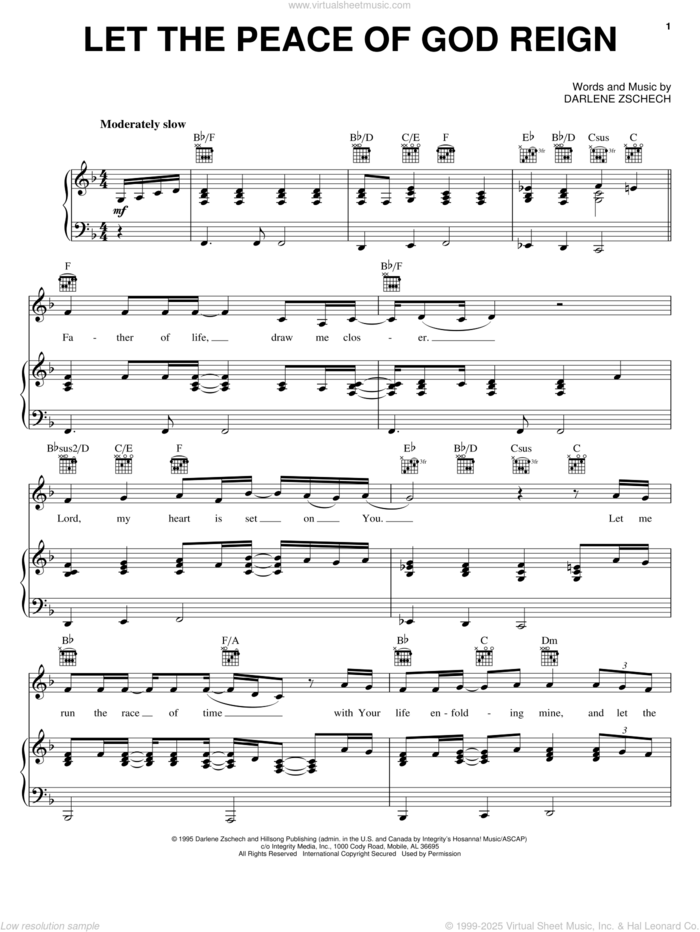 Let The Peace Of God Reign sheet music for voice, piano or guitar by Darlene Zschech, intermediate skill level