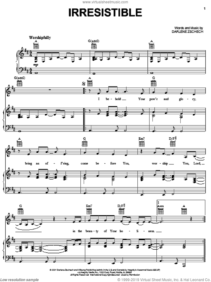 Irresistible sheet music for voice, piano or guitar by Darlene Zschech, intermediate skill level