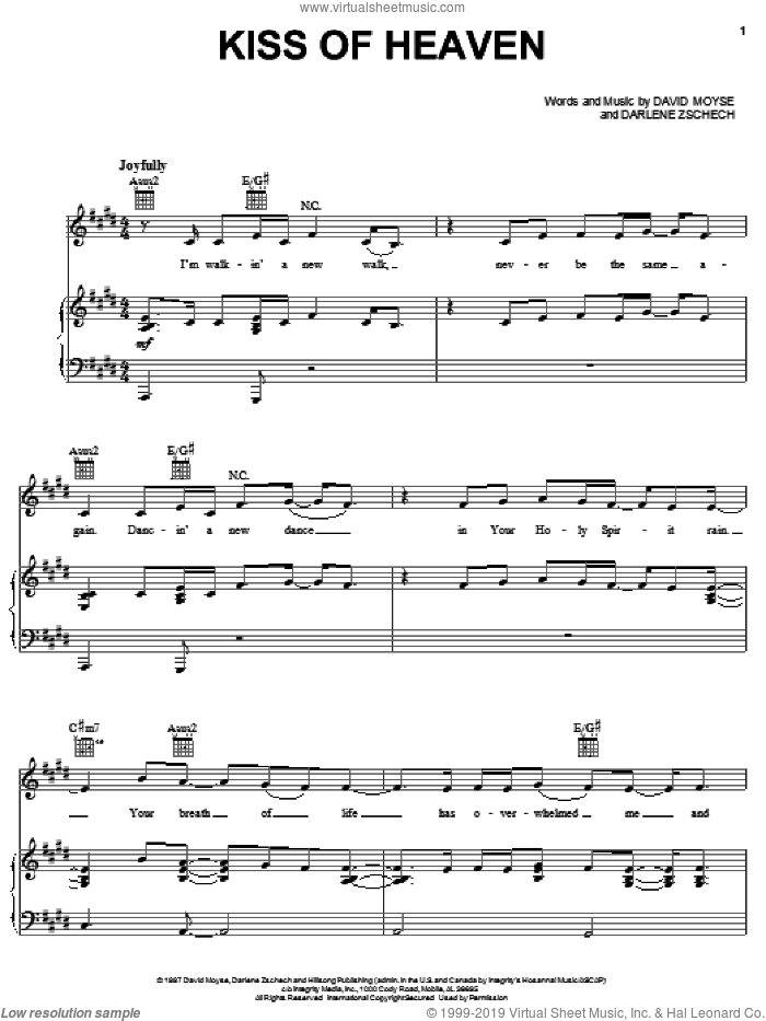 Kiss Of Heaven sheet music for voice, piano or guitar by Darlene Zschech and David Moyse, intermediate skill level