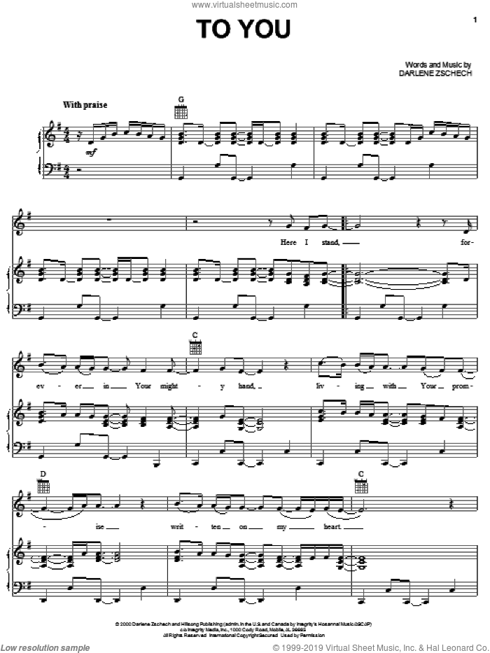 To You sheet music for voice, piano or guitar by Darlene Zschech, intermediate skill level