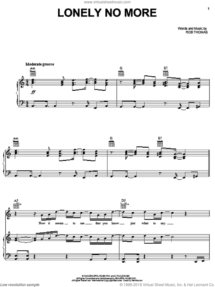 Lonely No More sheet music for voice, piano or guitar by Rob Thomas, intermediate skill level