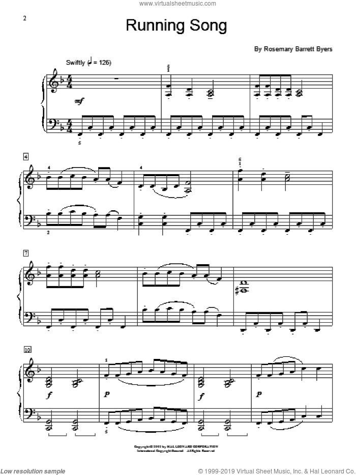 Running Song sheet music for piano solo (elementary) by Rosemary Barrett Byers and Miscellaneous, beginner piano (elementary)