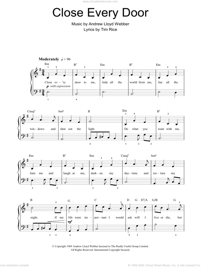 Close Every Door sheet music for piano solo by Andrew Lloyd Webber and Tim Rice, easy skill level