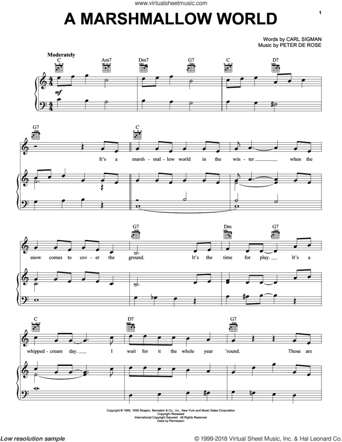 A Marshmallow World sheet music for voice, piano or guitar by Carl Sigman & Peter De Rose, Carl Sigman and Peter DeRose, intermediate skill level
