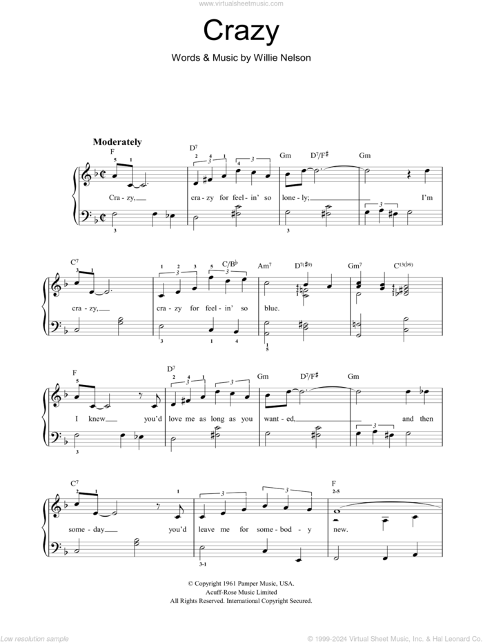 Crazy, (easy) sheet music for piano solo by Willie Nelson, easy skill level
