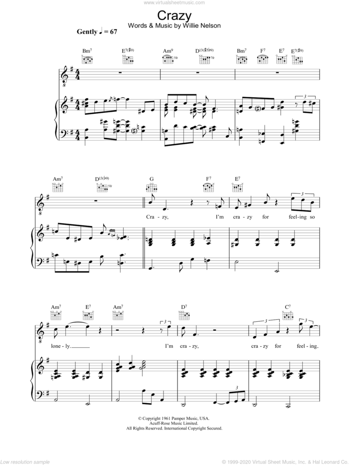 Crazy sheet music for voice, piano or guitar by Diana Krall, Patsy Cline and Willie Nelson, intermediate skill level
