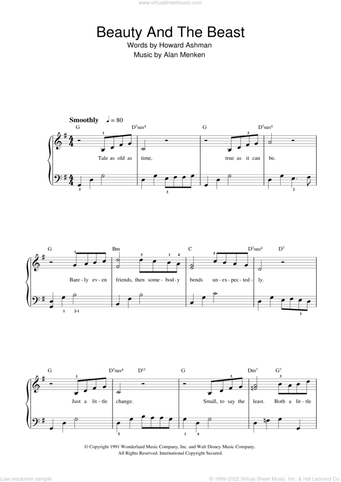 Beauty And The Beast sheet music for piano solo (beginners) by Alan Menken, Alan Menken & Howard Ashman and Howard Ashman, beginner piano (beginners)