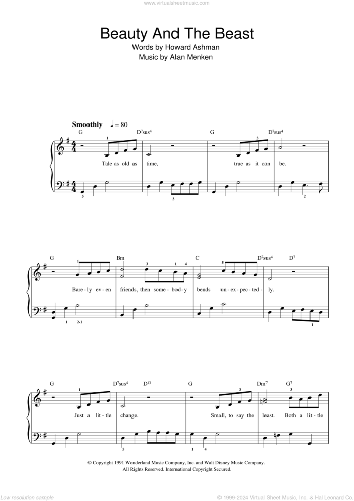 Beauty And The Beast sheet music for piano solo (beginners) by Alan Menken, Alan Menken & Howard Ashman and Howard Ashman, wedding score, beginner piano (beginners)