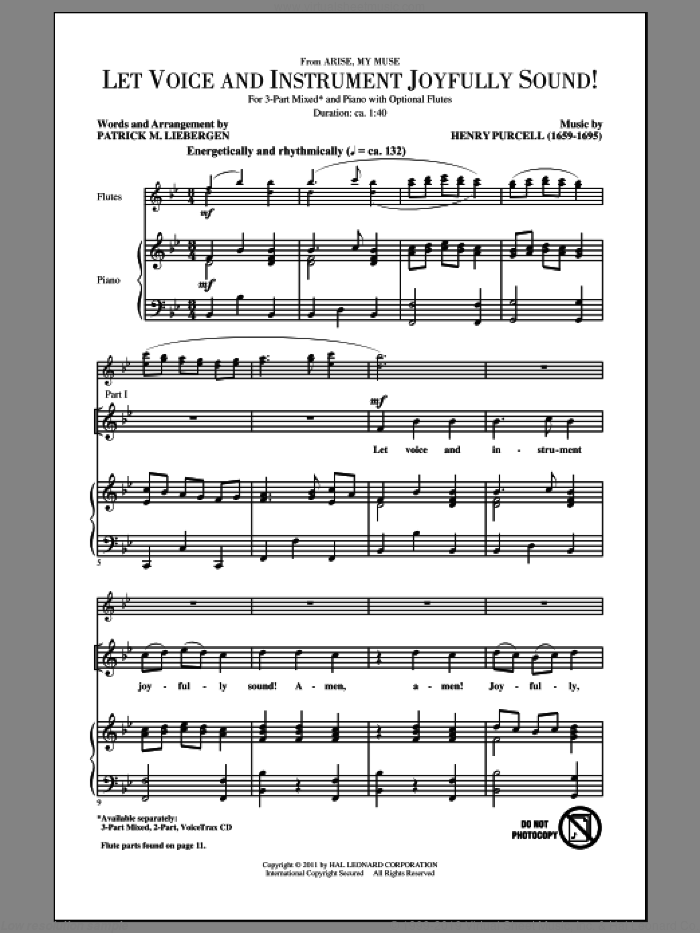 Let Voice And Instrument Joyfully Sound! sheet music for choir (3-Part Mixed) by Henry Purcell and Patrick Liebergen, intermediate skill level