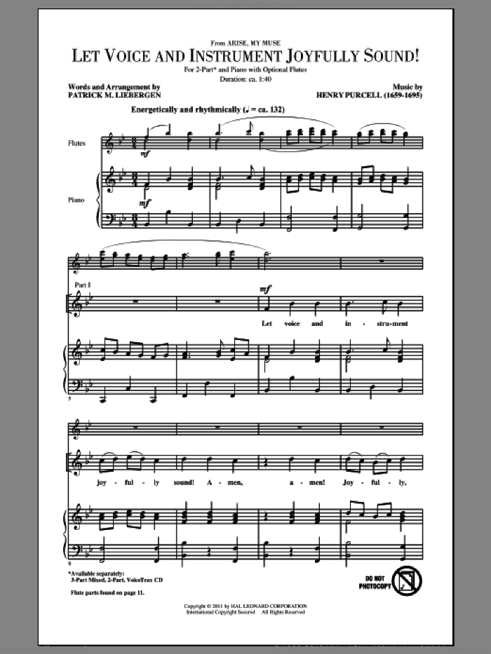 Let Voice And Instrument Joyfully Sound! sheet music for choir (2-Part) by Henry Purcell and Patrick Liebergen, intermediate duet