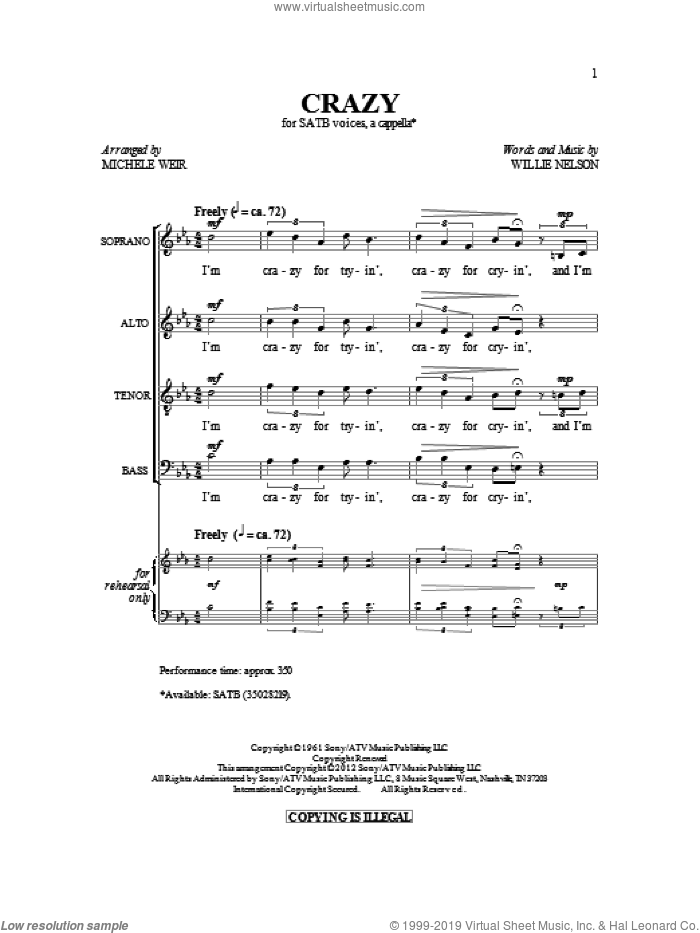 Crazy sheet music for choir (SATB: soprano, alto, tenor, bass) by Patsy Cline and Michelle Weir, intermediate skill level