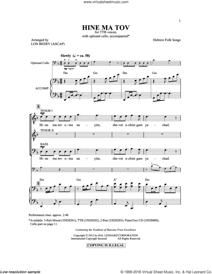 Hineh Ma Tov sheet music for choir (TTBB: tenor, bass) by Lon Beery and Israeli Folk Song, intermediate skill level