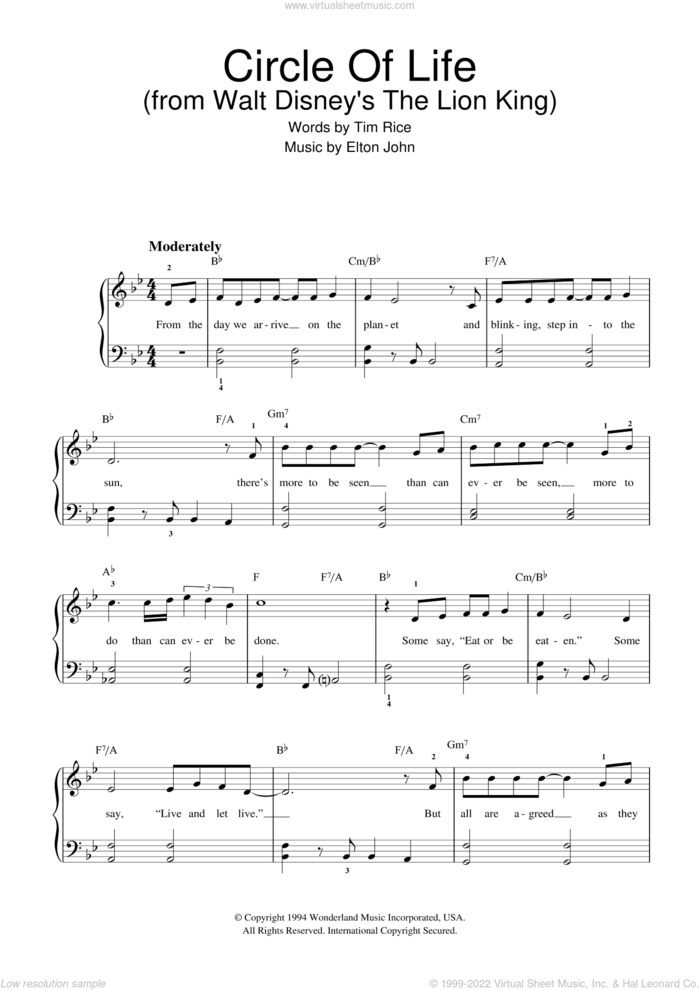 Circle Of Life (from The Lion King) sheet music for piano solo (beginners) by Elton John, The Lion King and Tim Rice, beginner piano (beginners)