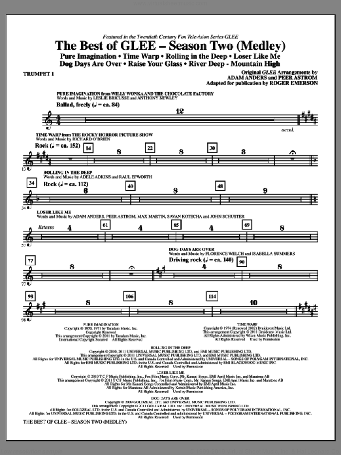 The Best Of Glee (Season Two Medley) (complete set of parts) sheet music for orchestra/band by Roger Emerson, Adam Anders, Glee Cast, Johan Schuster, Max Martin, Peer Astrom and Savan Kotecha, intermediate skill level