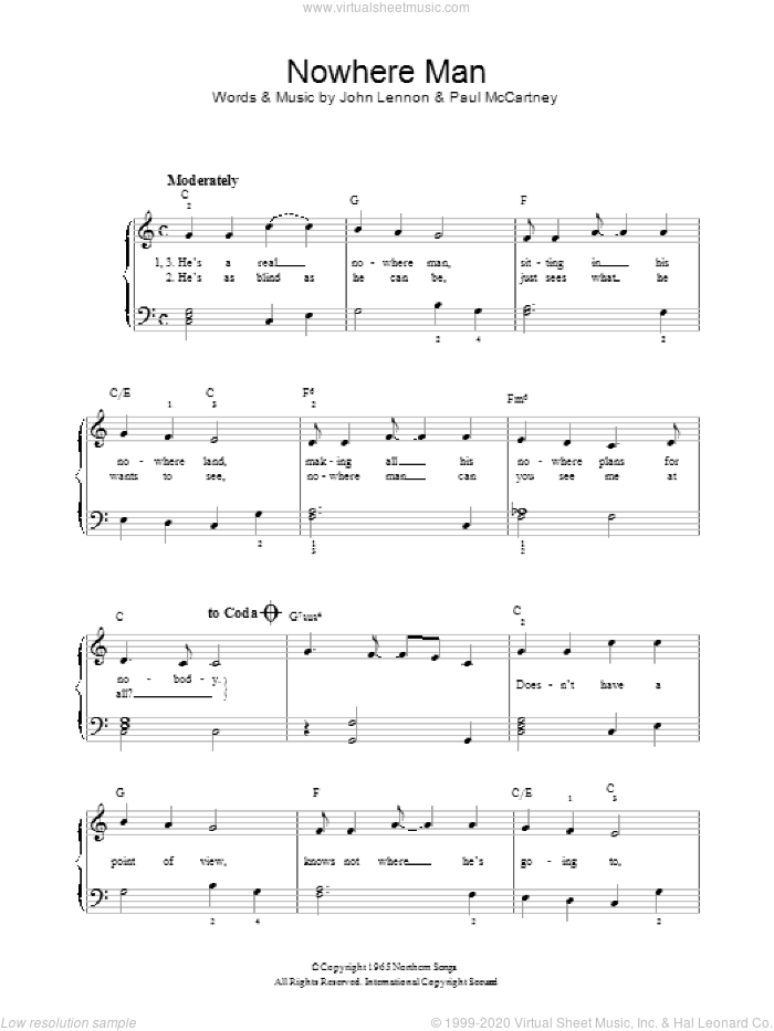 Nowhere Man sheet music for voice, piano or guitar by The Beatles, John Lennon and Paul McCartney, intermediate skill level