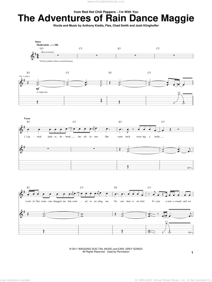 The Adventures Of Rain Dance Maggie sheet music for guitar (tablature) by Red Hot Chili Peppers, Anthony Kiedis, Chad Smith, Flea and Josh Klinghoffer, intermediate skill level