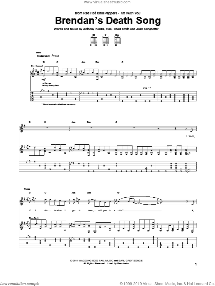 Brendan's Death Song sheet music for guitar (tablature) by Red Hot Chili Peppers, Anthony Kiedis, Chad Smith, Flea and Josh Klinghoffer, intermediate skill level