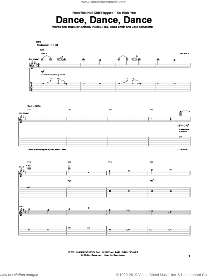 Dance, Dance, Dance sheet music for guitar (tablature) by Red Hot Chili Peppers, Anthony Kiedis, Chad Smith, Flea and Josh Klinghoffer, intermediate skill level