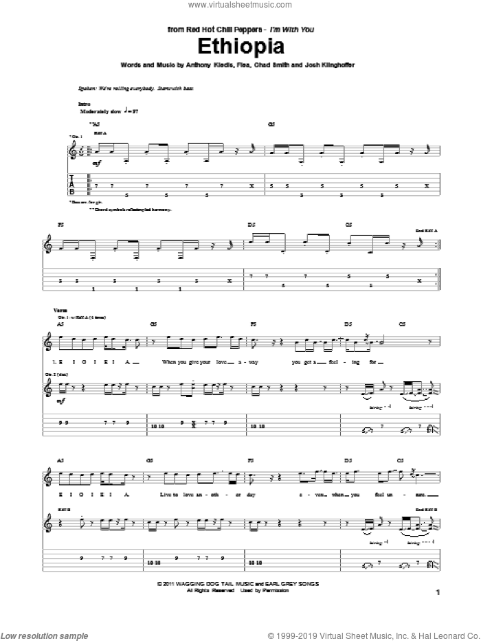 Ethiopia sheet music for guitar (tablature) by Red Hot Chili Peppers, Anthony Kiedis, Chad Smith, Flea and Josh Klinghoffer, intermediate skill level