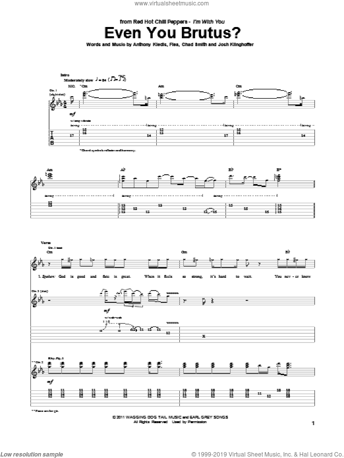 Even You Brutus? sheet music for guitar (tablature) by Red Hot Chili Peppers, Anthony Kiedis, Chad Smith, Flea and Josh Klinghoffer, intermediate skill level