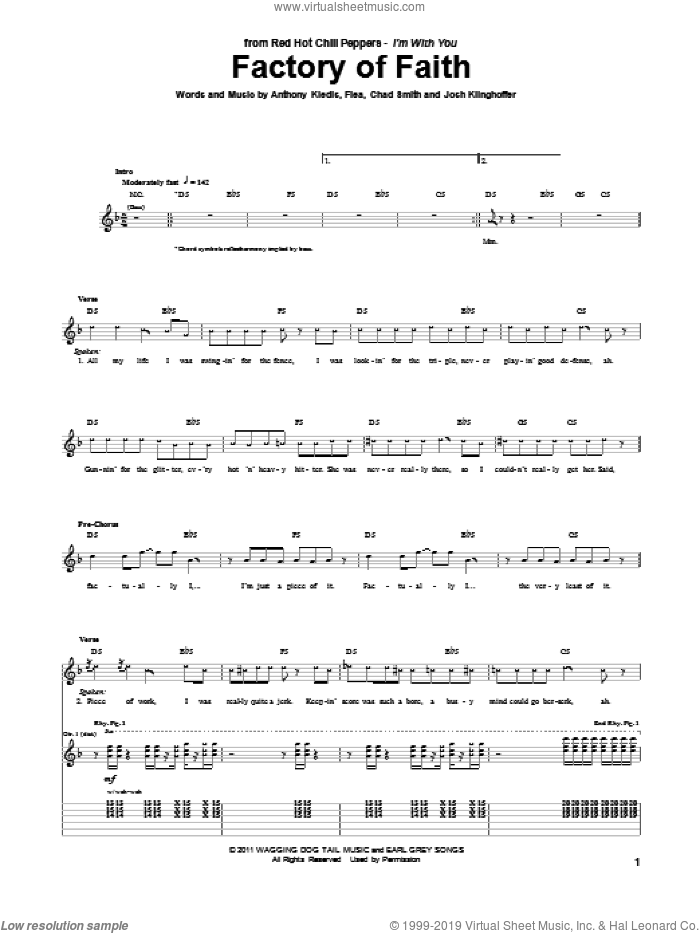 Factory Of Faith sheet music for guitar (tablature) by Red Hot Chili Peppers, Anthony Kiedis, Chad Smith, Flea and Josh Klinghoffer, intermediate skill level