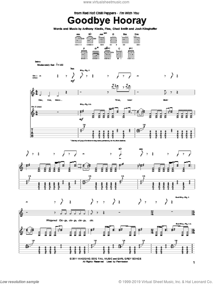Goodbye Hooray sheet music for guitar (tablature) by Red Hot Chili Peppers, Anthony Kiedis, Chad Smith, Flea and Josh Klinghoffer, intermediate skill level