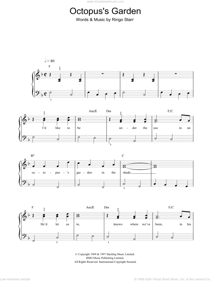 Octopus's Garden sheet music for voice, piano or guitar by Paul McCartney, The Beatles and Ringo Starr, intermediate skill level