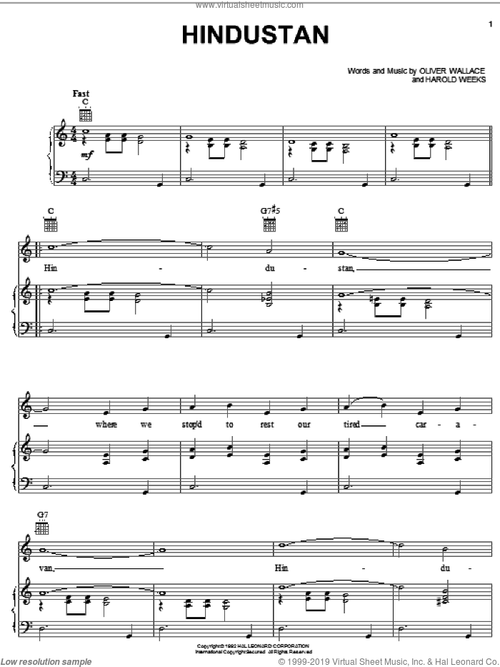 Hindustan sheet music for voice, piano or guitar by Harold Weeks and Oliver Wallace, intermediate skill level