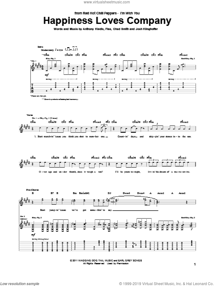 Happiness Loves Company sheet music for guitar (tablature) by Red Hot Chili Peppers, Anthony Kiedis, Chad Smith, Flea and Josh Klinghoffer, intermediate skill level