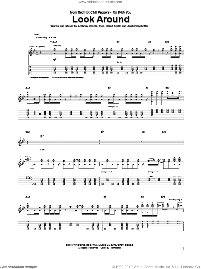 Look Around sheet music for guitar (tablature) by Red Hot Chili Peppers, Anthony Kiedis, Chad Smith, Flea and Josh Klinghoffer, intermediate skill level