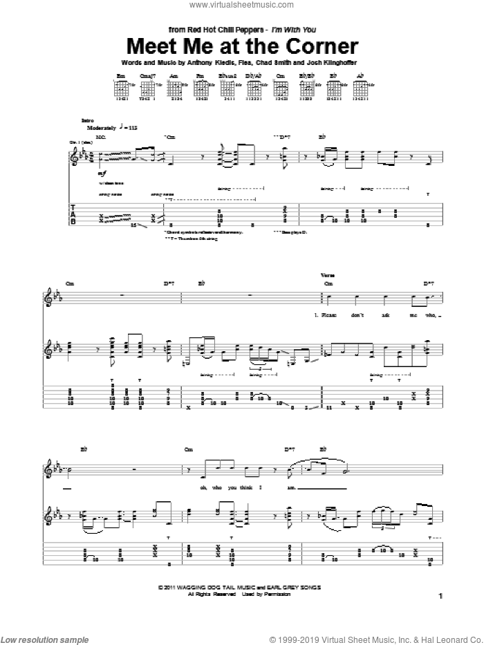 Meet Me At The Corner sheet music for guitar (tablature) by Red Hot Chili Peppers, Anthony Kiedis, Chad Smith, Flea and Josh Klinghoffer, intermediate skill level