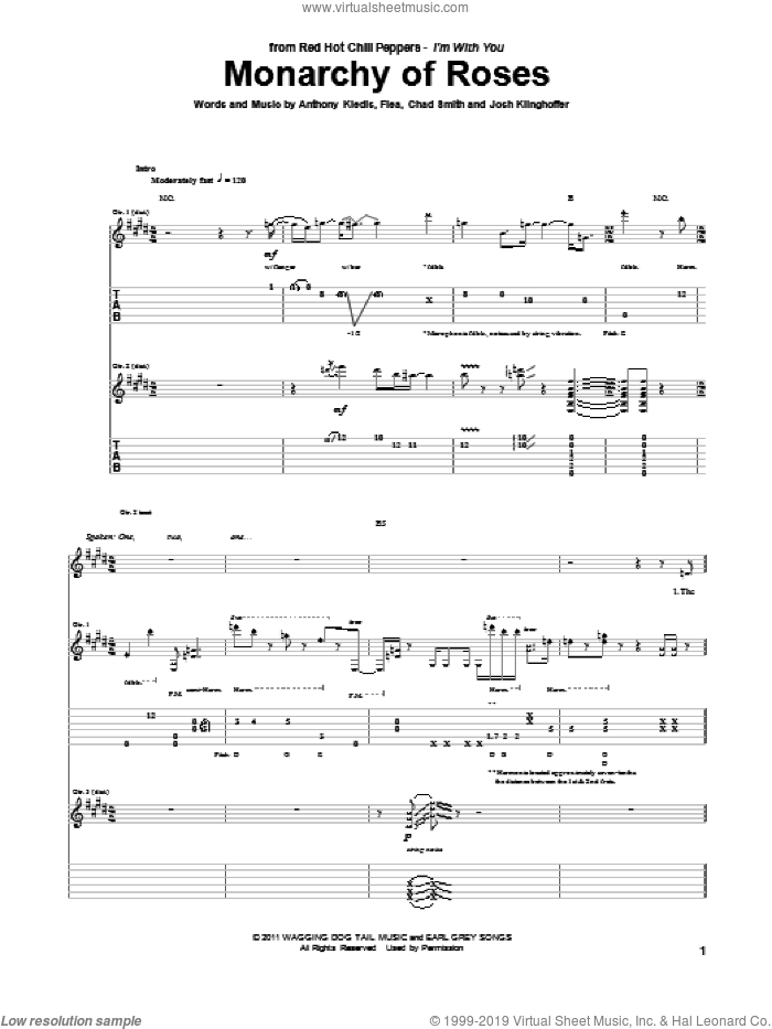 Monarchy Of Roses sheet music for guitar (tablature) by Red Hot Chili Peppers, Anthony Kiedis, Chad Smith, Flea and Josh Klinghoffer, intermediate skill level
