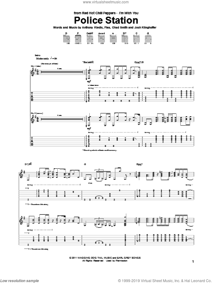 Police Station sheet music for guitar (tablature) by Red Hot Chili Peppers, Anthony Kiedis, Chad Smith, Flea and Josh Klinghoffer, intermediate skill level